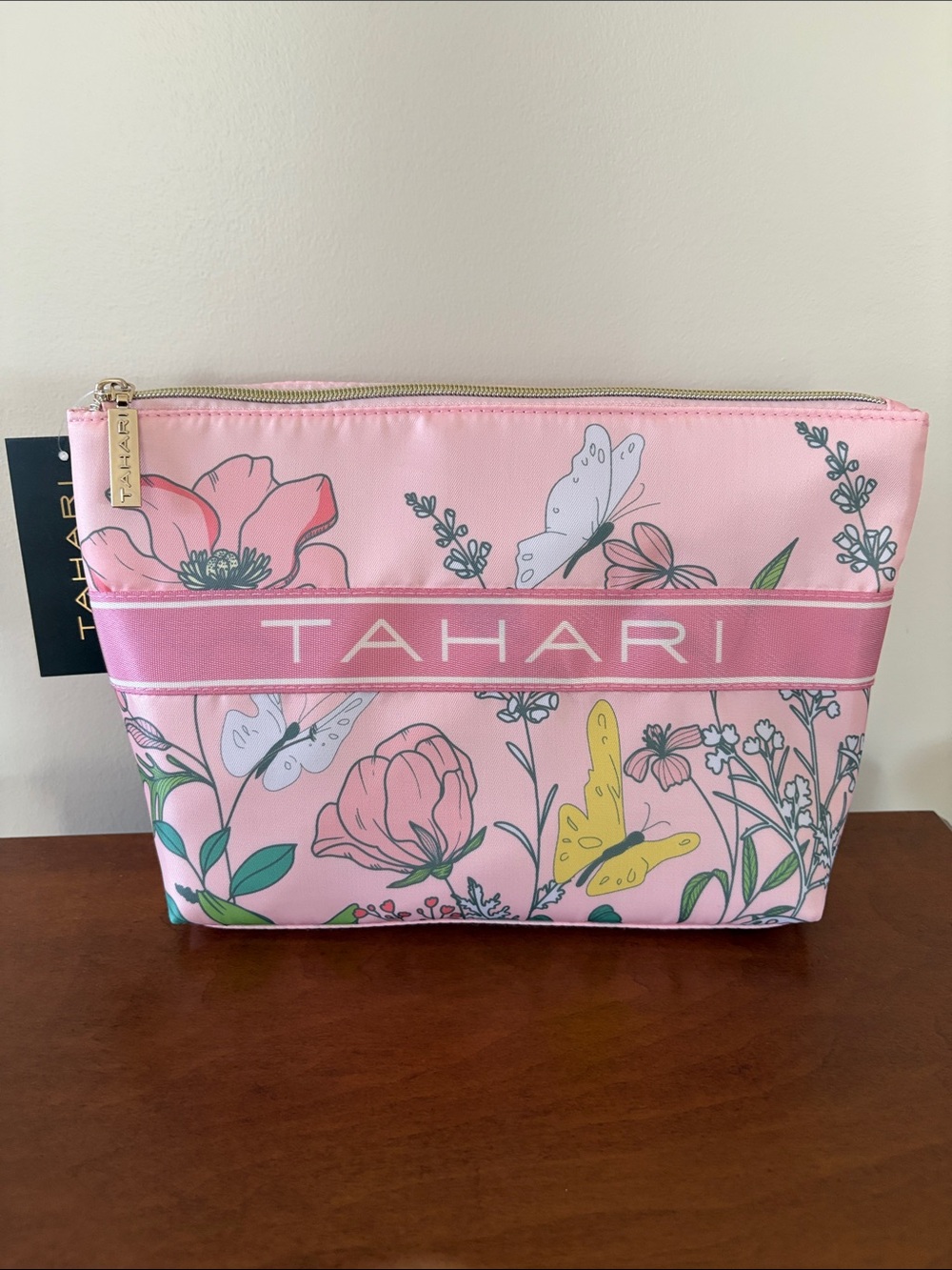 Tahari Pink Floral Cosmetic Pouch with Butterflies